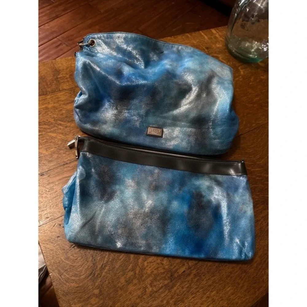 Beijo Couture Blue Silver Metallic Tie Dye‎ Hobo Bag and Pouch Set 2pc